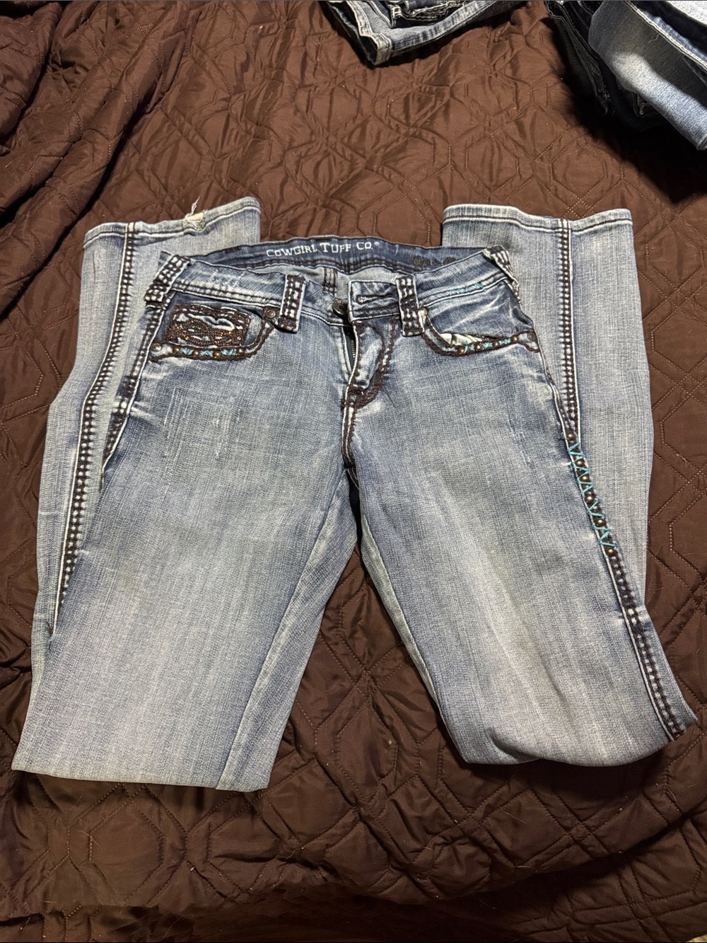 Cowgirl Tuff Light Blue Wash Boot Cut Jeans with Embroidered Accents
